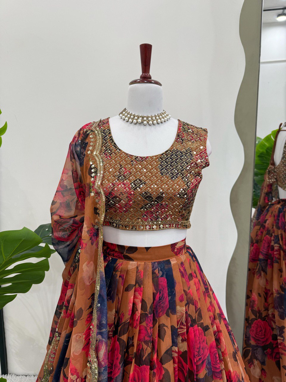Ceremony Wear Orange Multi Color Tabby Organza With Digital Printed Lehenga Choli