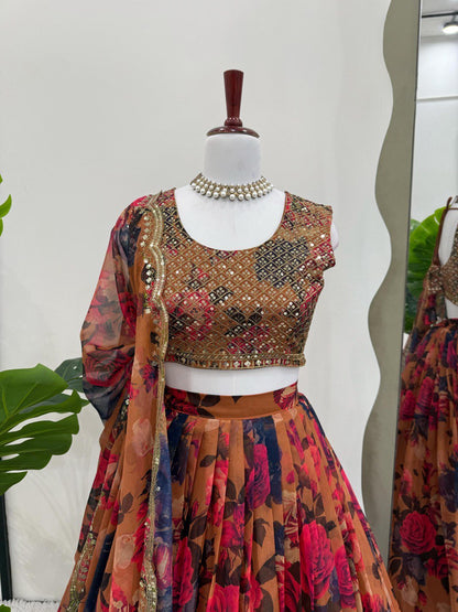 Ceremony Wear Orange Multi Color Tabby Organza With Digital Printed Lehenga Choli