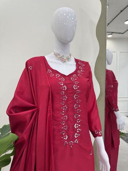 Casual Wear Dark Pink Color Chinon Silk And Thread With Sequence Work Salwar Suit