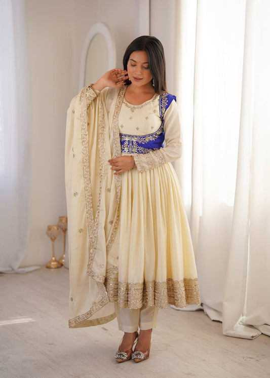 Arti Chauhan Wear Cream Color Designer Anarkali Koti Set
