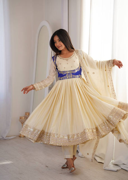 Arti Chauhan Wear Cream Color Designer Anarkali Koti Set