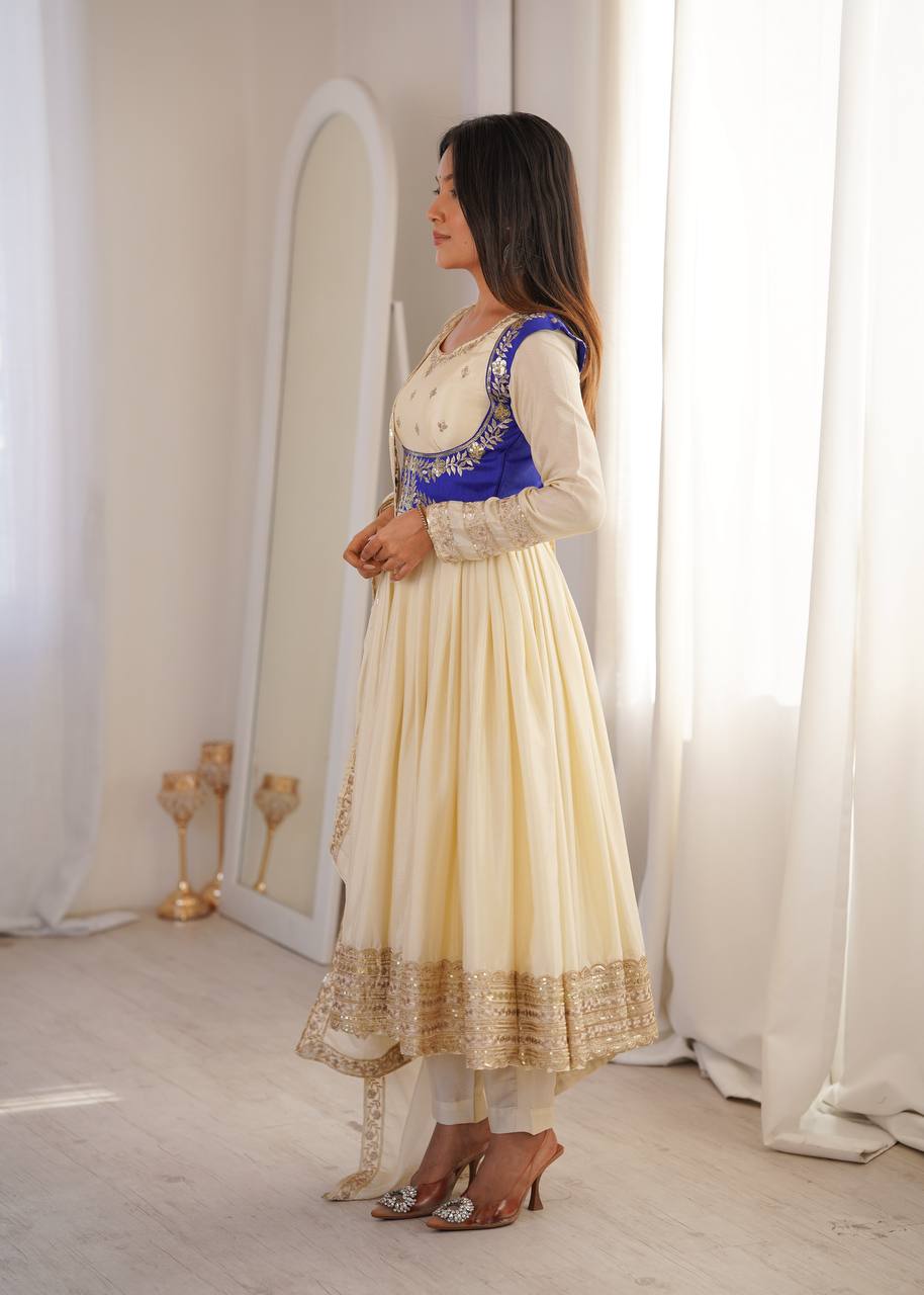 Arti Chauhan Wear Cream Color Designer Anarkali Koti Set