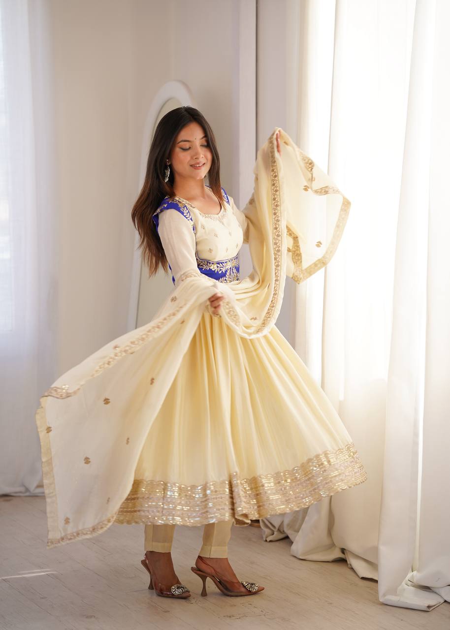 Arti Chauhan Wear Cream Color Designer Anarkali Koti Set