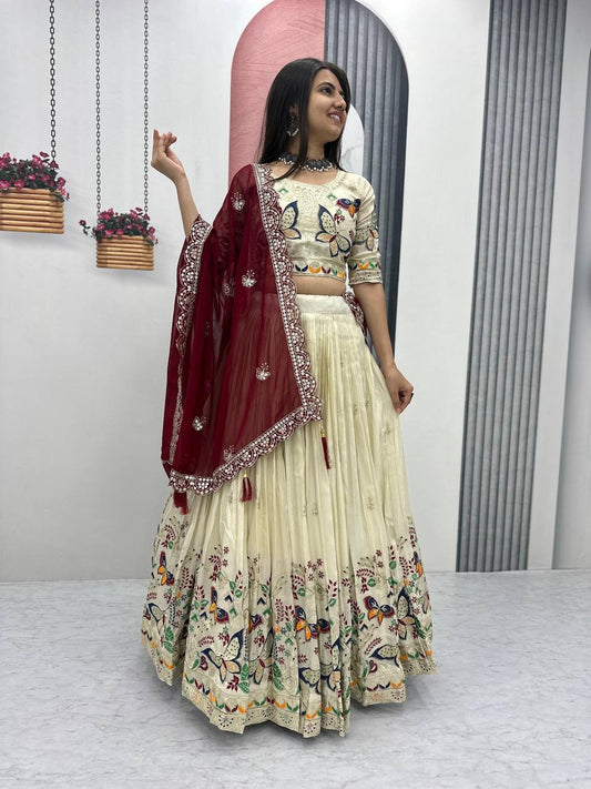 Exclusive Maroon Color Pure Tissue Silk With Heavy Thread And Sequence Work Designer Lehenga Choli