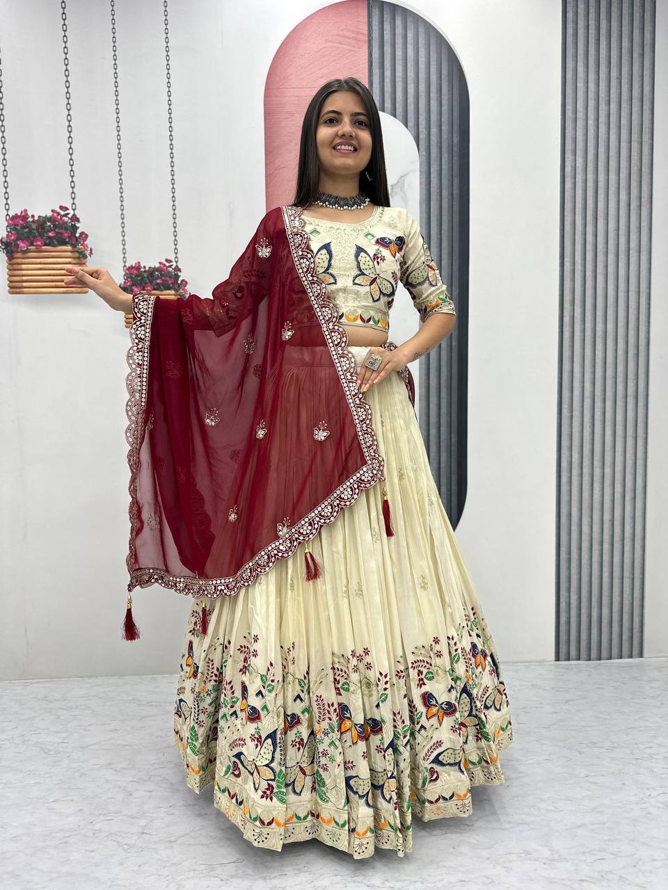 Exclusive Maroon Color Pure Tissue Silk With Heavy Thread And Sequence Work Designer Lehenga Choli