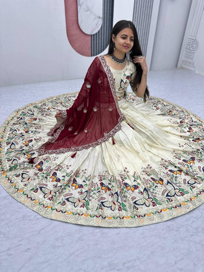 Exclusive Maroon Color Pure Tissue Silk With Heavy Thread And Sequence Work Designer Lehenga Choli
