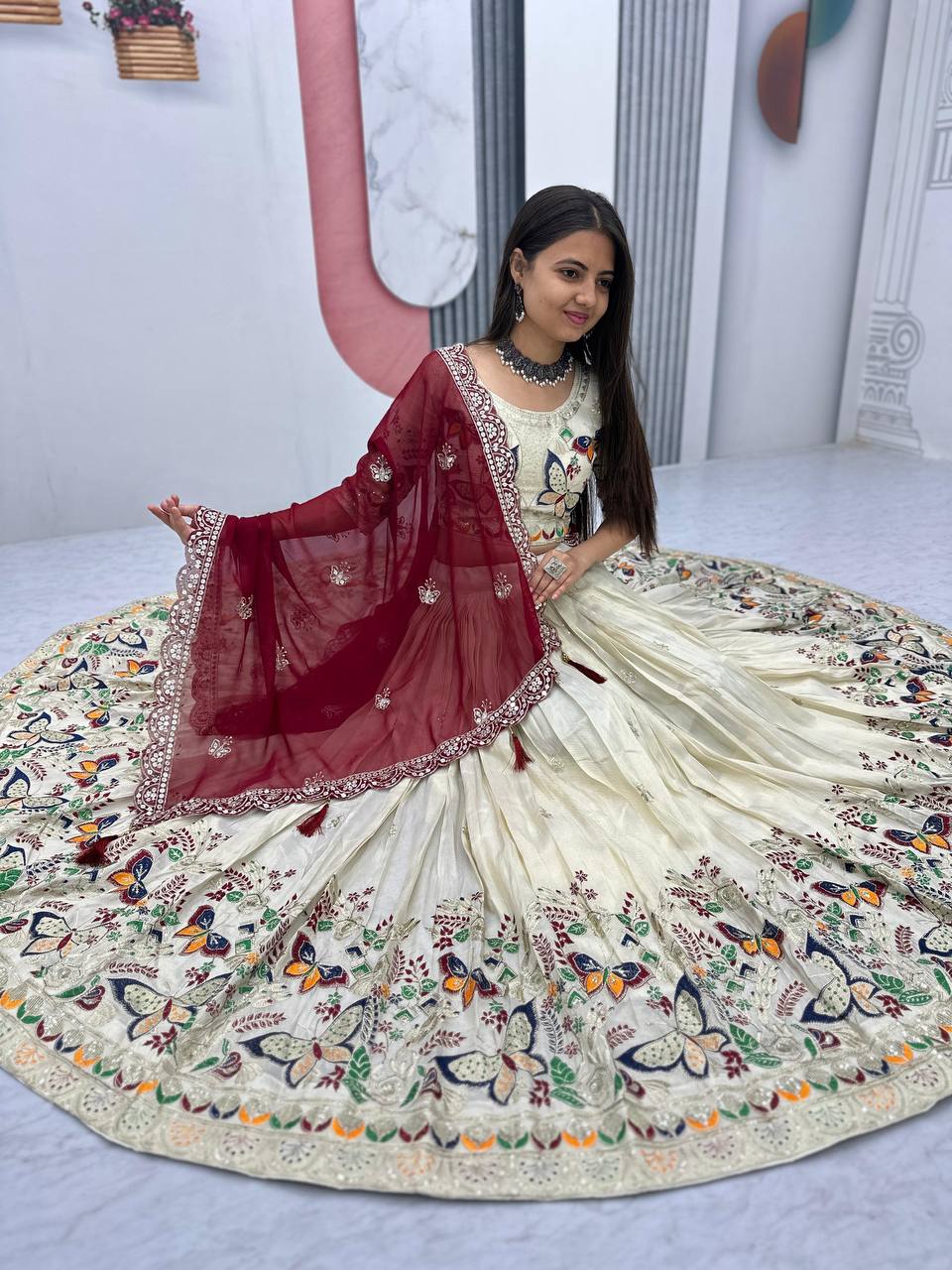 Exclusive Maroon Color Pure Tissue Silk With Heavy Thread And Sequence Work Designer Lehenga Choli