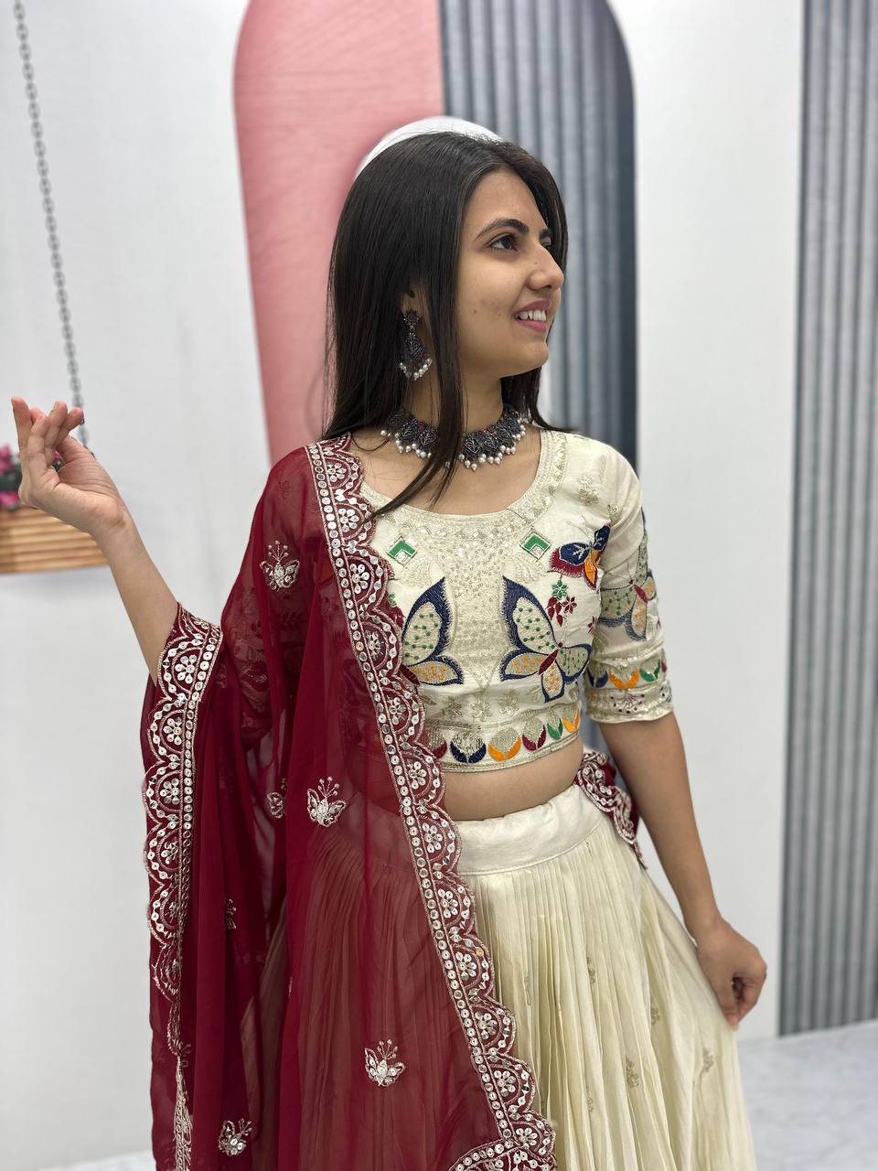 Exclusive Maroon Color Pure Tissue Silk With Heavy Thread And Sequence Work Designer Lehenga Choli