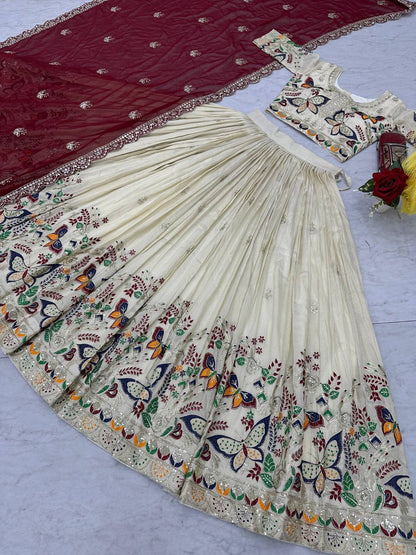 Exclusive Maroon Color Pure Tissue Silk With Heavy Thread And Sequence Work Designer Lehenga Choli