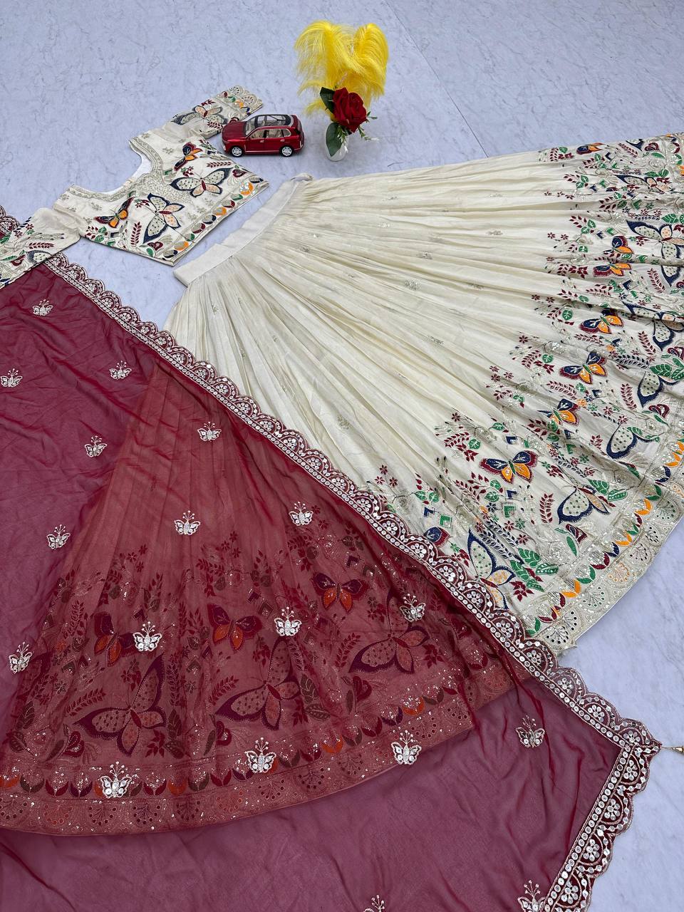 Exclusive Maroon Color Pure Tissue Silk With Heavy Thread And Sequence Work Designer Lehenga Choli