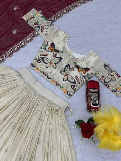 Exclusive Maroon Color Pure Tissue Silk With Heavy Thread And Sequence Work Designer Lehenga Choli