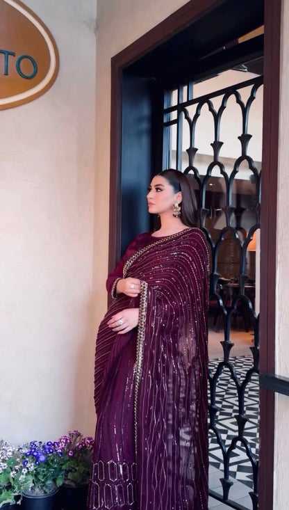Wedding Wear Wine Color Sequins Work Designer Saree