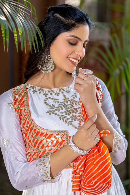 Traditional Wear Off White Color Pure Chinon With Laheriya Printed Beautiful Gown