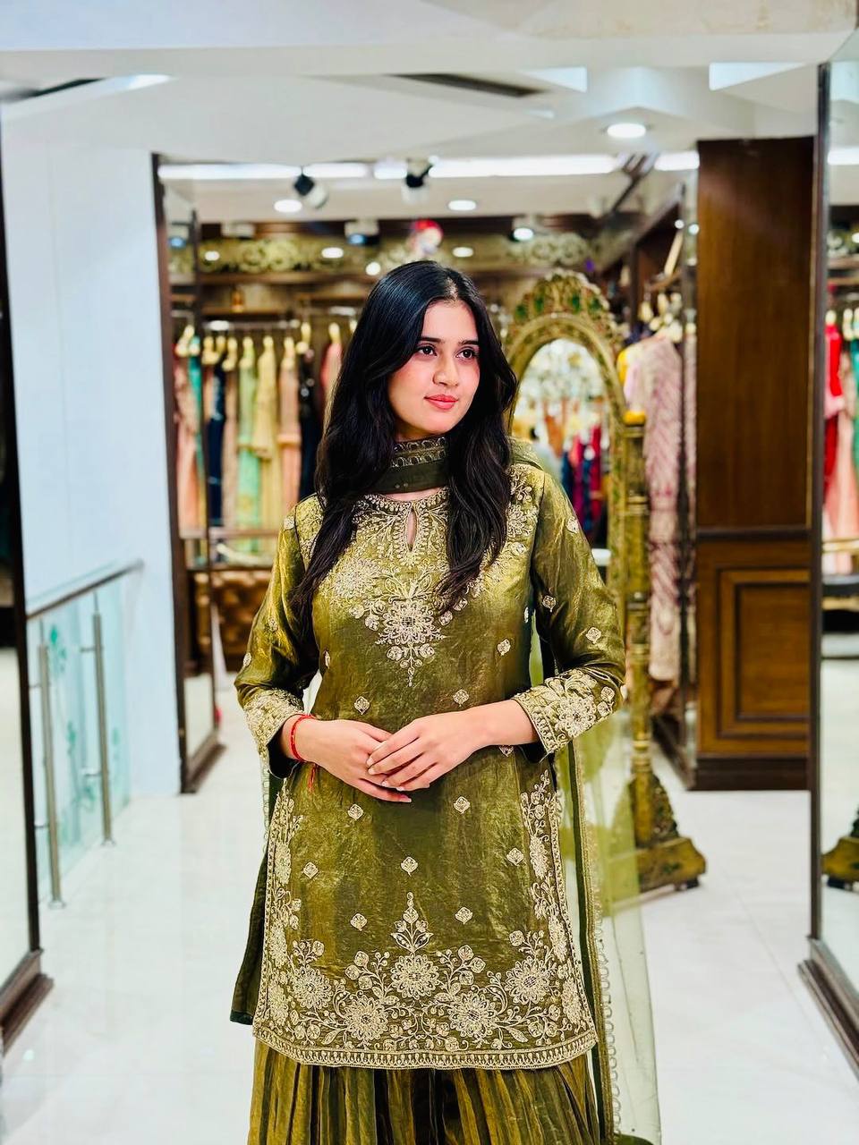 Celebrity Style Green Color Handwork And Embroidered Palazzo Suit With Dupatta