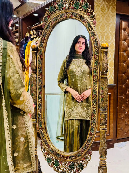 Celebrity Style Green Color Handwork And Embroidered Palazzo Suit With Dupatta