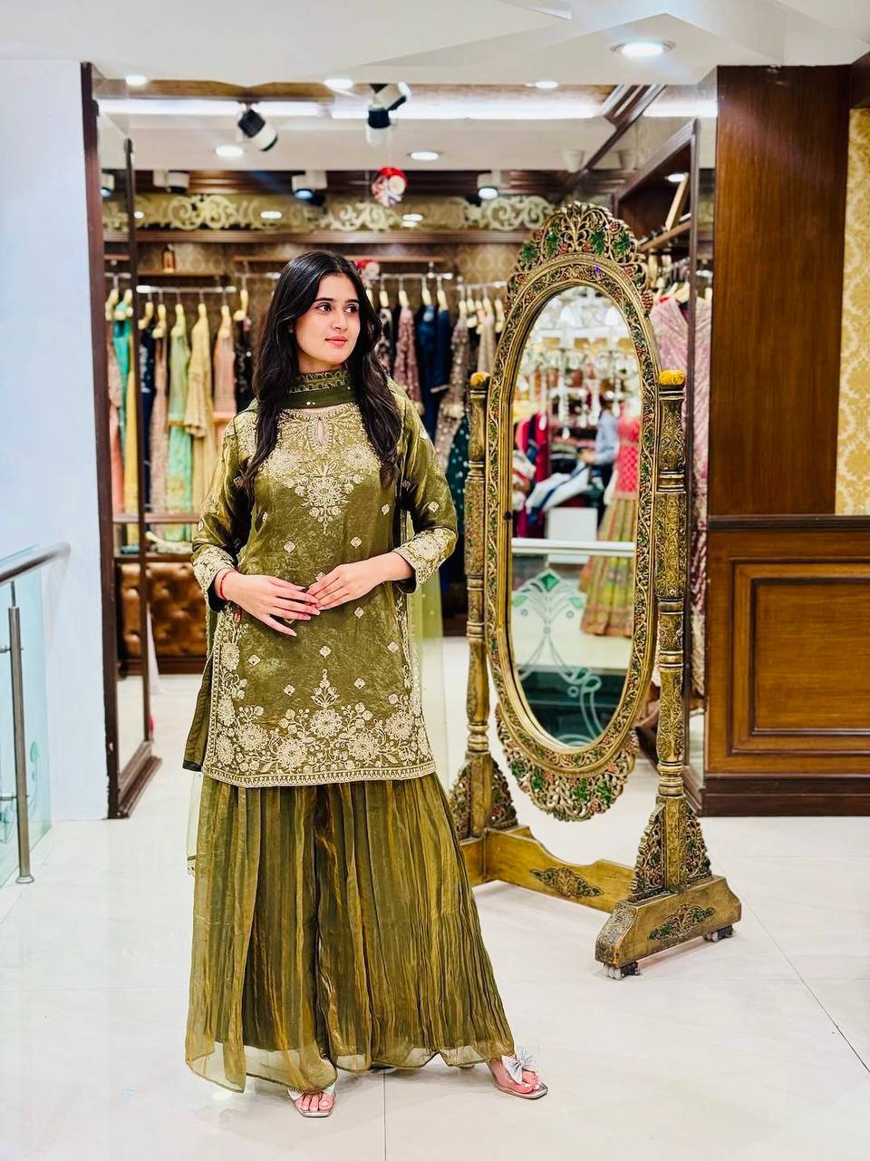 Celebrity Style Green Color Handwork And Embroidered Palazzo Suit With Dupatta