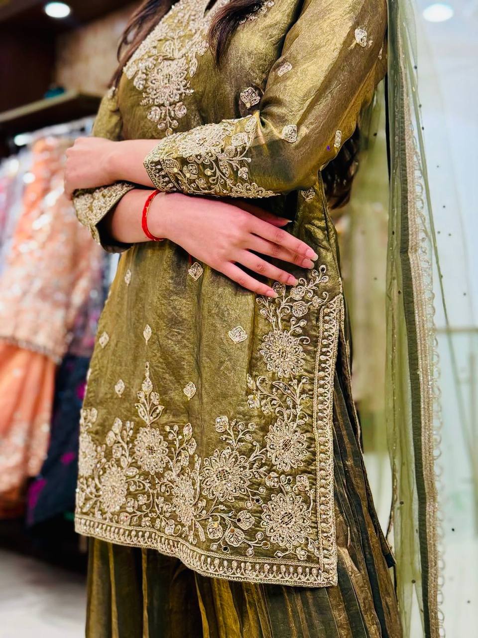 Celebrity Style Green Color Handwork And Embroidered Palazzo Suit With Dupatta