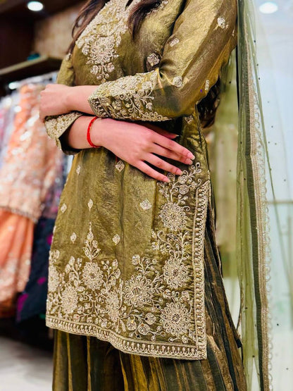 Celebrity Style Green Color Handwork And Embroidered Palazzo Suit With Dupatta