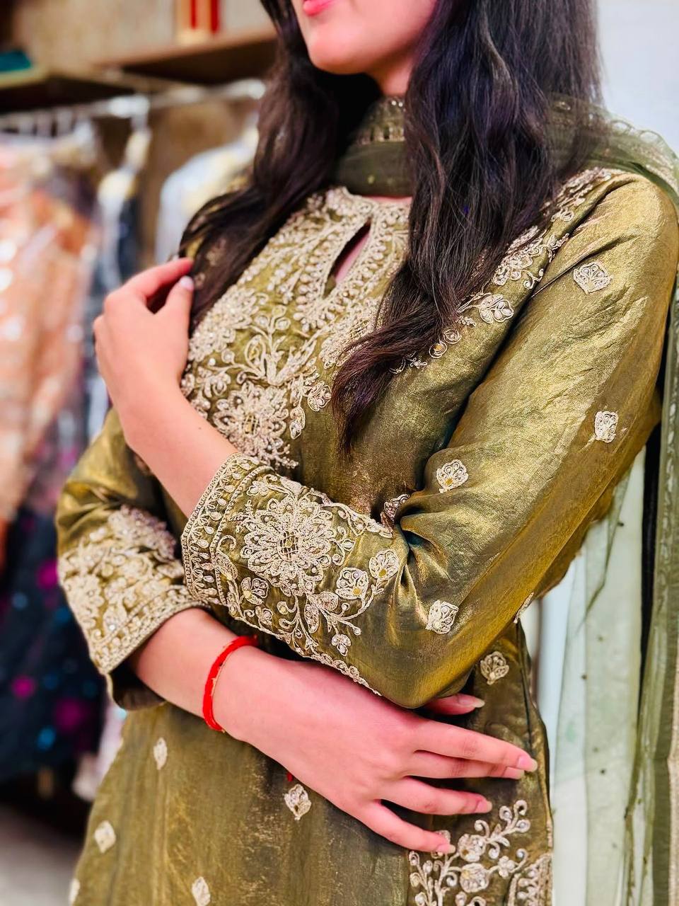 Celebrity Style Green Color Handwork And Embroidered Palazzo Suit With Dupatta