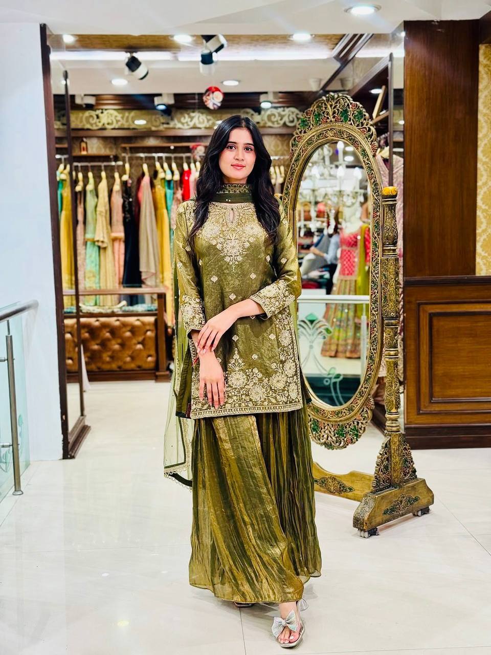 Celebrity Style Green Color Handwork And Embroidered Palazzo Suit With Dupatta
