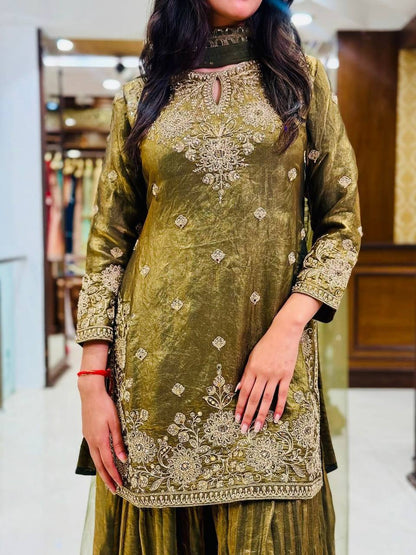 Celebrity Style Green Color Handwork And Embroidered Palazzo Suit With Dupatta
