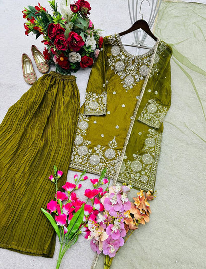 Celebrity Style Green Color Handwork And Embroidered Palazzo Suit With Dupatta
