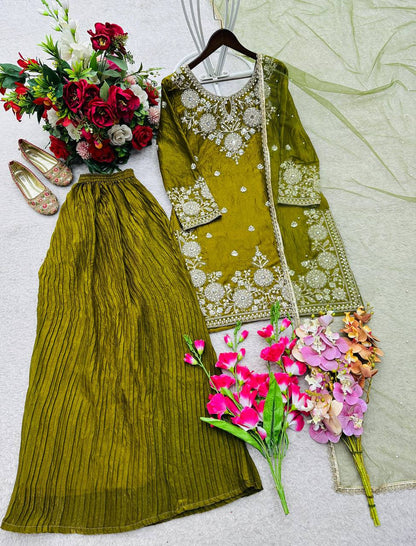Celebrity Style Green Color Handwork And Embroidered Palazzo Suit With Dupatta