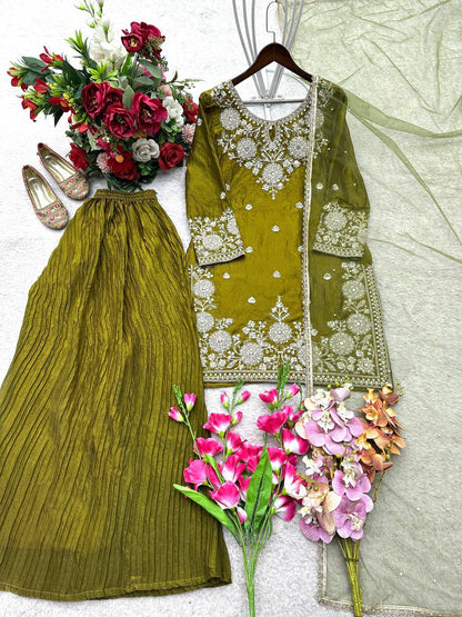 Celebrity Style Green Color Handwork And Embroidered Palazzo Suit With Dupatta