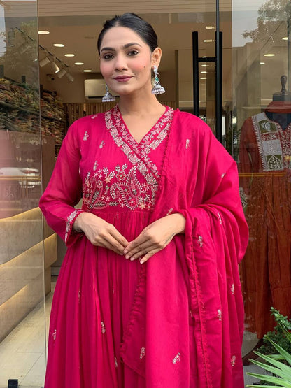 Wedding Wear Pink Color Designer Gown With Pant & Dupatta
