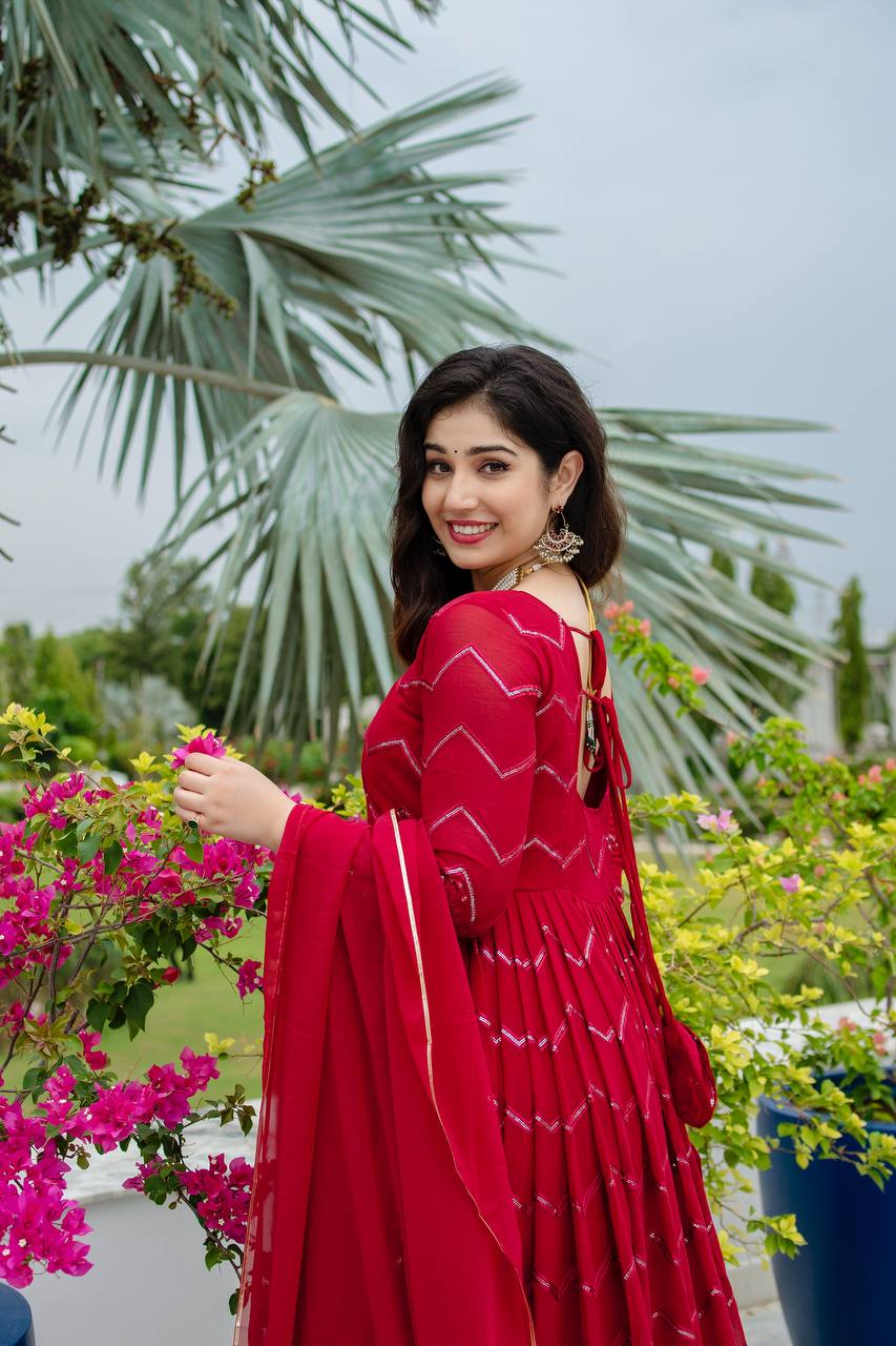 Luxuriant Maroon Color Faux Georgette Fabric With All Over Embroidery Work Anarkali Suit