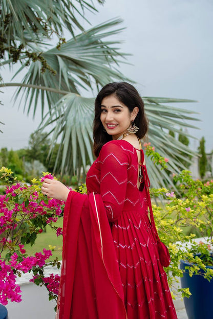 Luxuriant Maroon Color Faux Georgette Fabric With All Over Embroidery Work Anarkali Suit