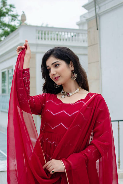 Luxuriant Maroon Color Faux Georgette Fabric With All Over Embroidery Work Anarkali Suit