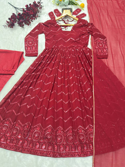 Luxuriant Maroon Color Faux Georgette Fabric With All Over Embroidery Work Anarkali Suit