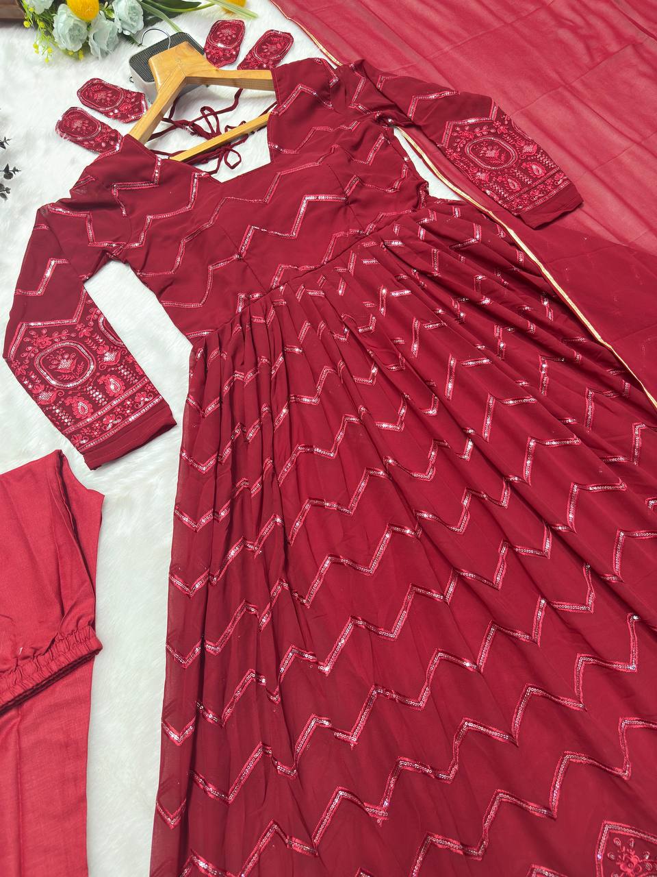 Luxuriant Maroon Color Faux Georgette Fabric With All Over Embroidery Work Anarkali Suit