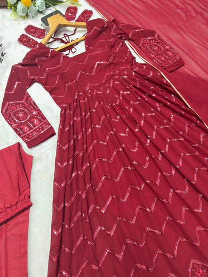 Luxuriant Maroon Color Faux Georgette Fabric With All Over Embroidery Work Anarkali Suit