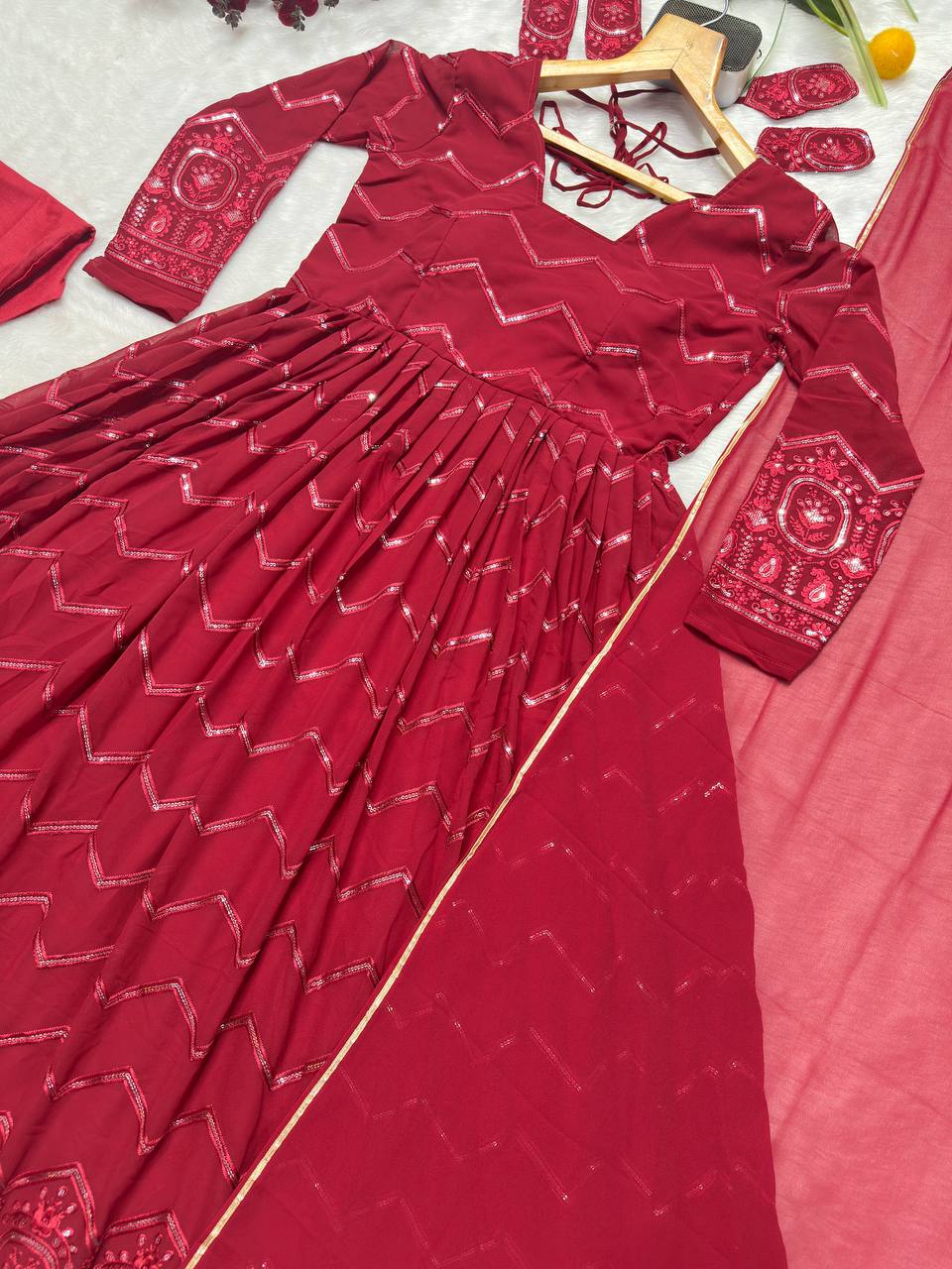Luxuriant Maroon Color Faux Georgette Fabric With All Over Embroidery Work Anarkali Suit