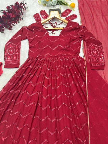 Luxuriant Maroon Color Faux Georgette Fabric With All Over Embroidery Work Anarkali Suit
