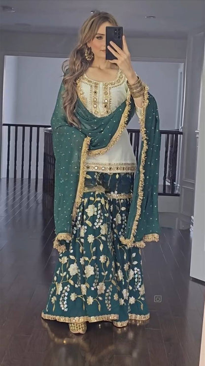 Wedding Wear White And Green Color Heavy Malay Silk With Embroidery 5mm Sequence Work Sharara Suit