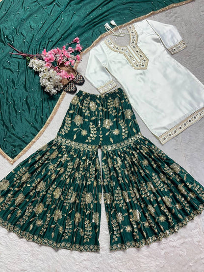 Wedding Wear White And Green Color Heavy Malay Silk With Embroidery 5mm Sequence Work Sharara Suit