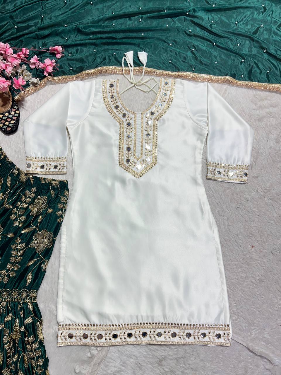Wedding Wear White And Green Color Heavy Malay Silk With Embroidery 5mm Sequence Work Sharara Suit