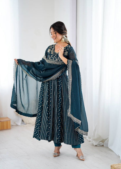 Arti Chauhan's Teal Color Embroidered Designer Gown For Women