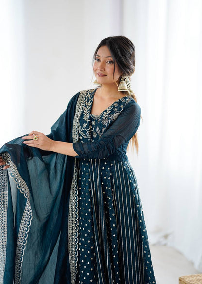 Arti Chauhan's Teal Color Embroidered Designer Gown For Women