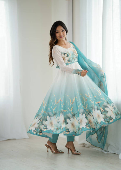 Gorgeous Sky Blue Color Printed Designer Anarkali Suit