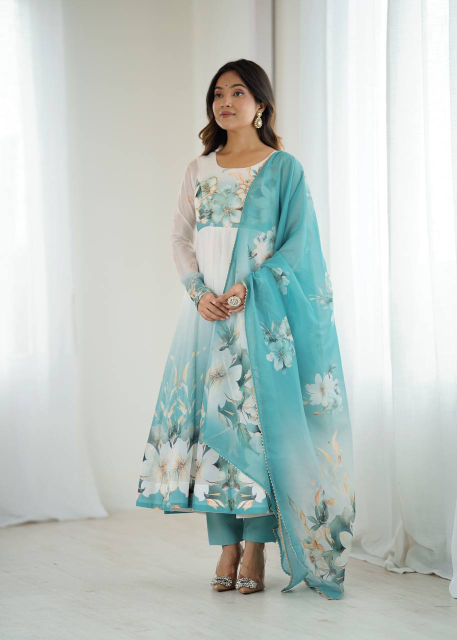 Gorgeous Sky Blue Color Printed Designer Anarkali Suit