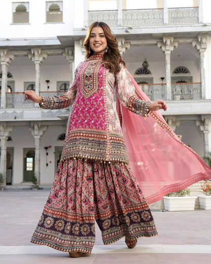 Superhit Pink Color Faux Georgette Digital Print With Real Mirror Hand Work Palazzo Suit