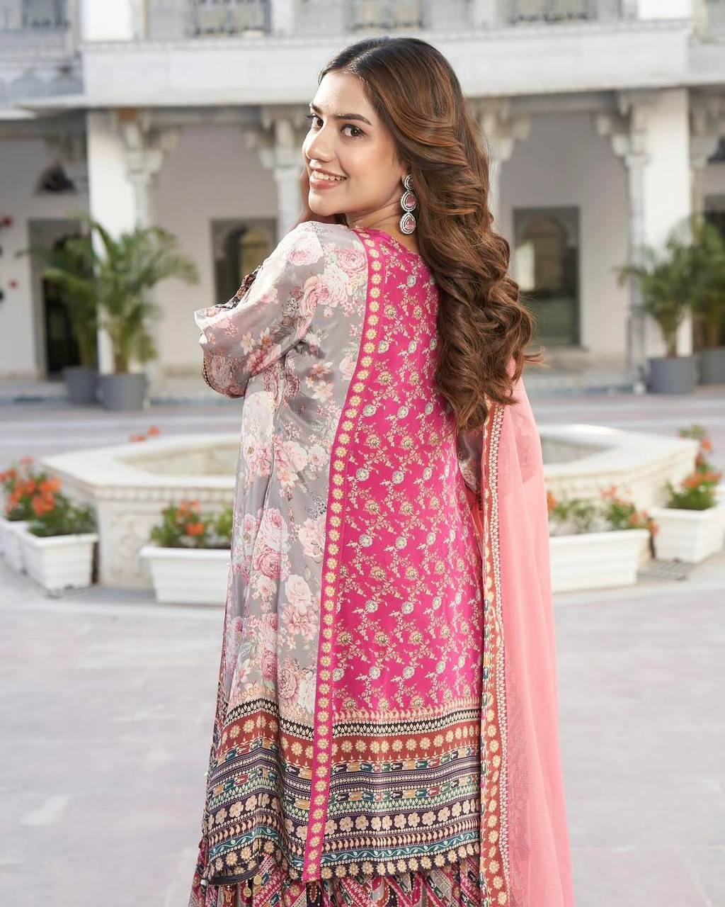 Superhit Pink Color Faux Georgette Digital Print With Real Mirror Hand Work Palazzo Suit