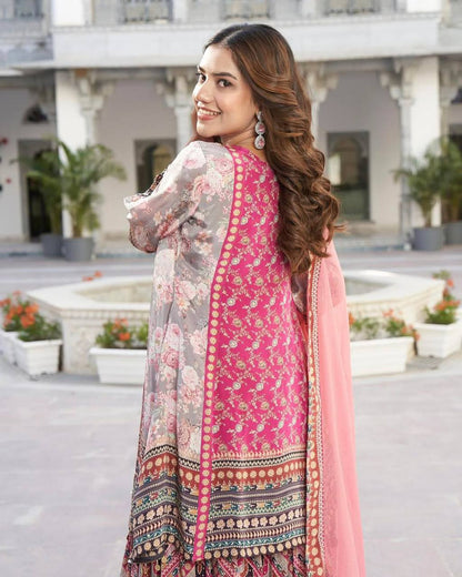 Superhit Pink Color Faux Georgette Digital Print With Real Mirror Hand Work Palazzo Suit