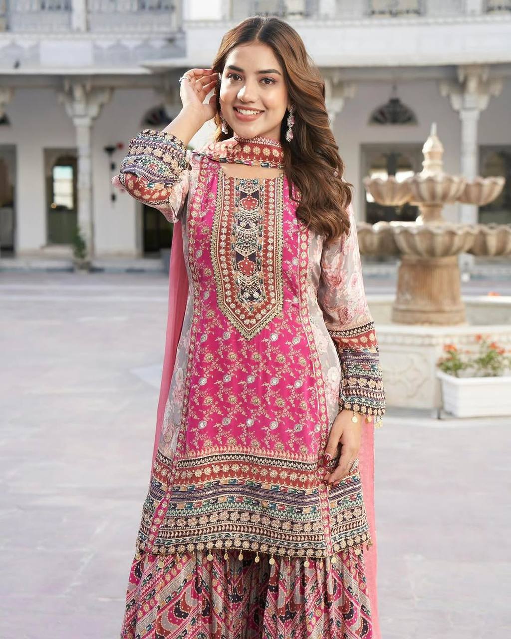 Superhit Pink Color Faux Georgette Digital Print With Real Mirror Hand Work Palazzo Suit