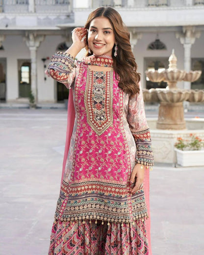 Superhit Pink Color Faux Georgette Digital Print With Real Mirror Hand Work Palazzo Suit