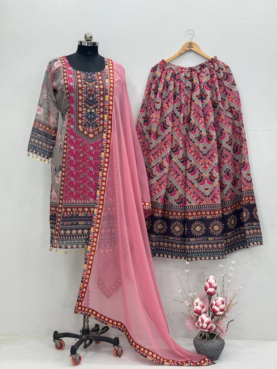 Superhit Pink Color Faux Georgette Digital Print With Real Mirror Hand Work Palazzo Suit